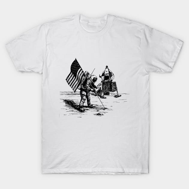 Moon landing with astronaut and US flag T-Shirt by Montanescu